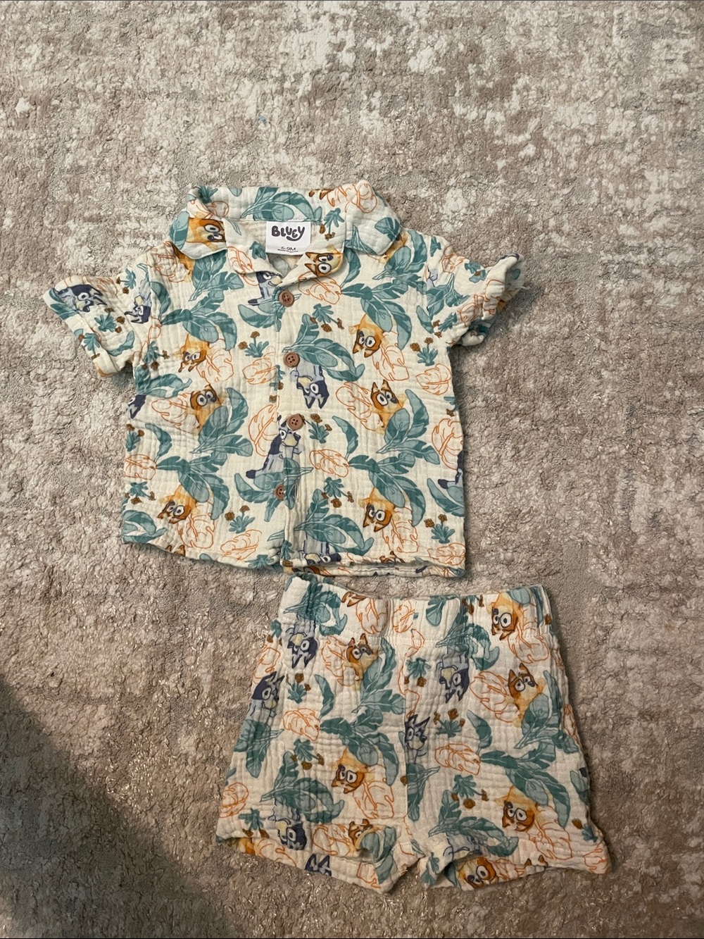 Bluey Cream Tropical Kids Matching Set with Green and Yellow Accents size 6/9M